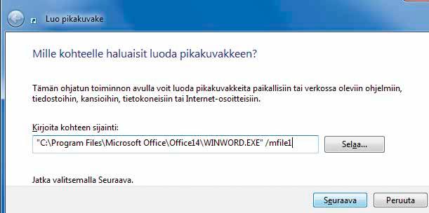 Napsauta työpöydän vapaata aluetta kakkos painikkeella. Valitse Uusi ja Pikakuvake. Vaiheessa vasemmalla nime tään pikakuvakkeen kohteen täsmällinen tiedostopolku.