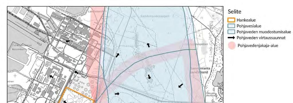 Kuva 19. Pohjaveden virtaussuunnat hankealueen läheisyydessä. Pohjaveden laatu Patamäen pohjavesialueen kemiallinen ja määrällinen tila on luokiteltu hyväksi.