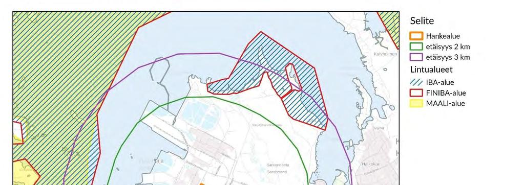 Kuva 28. Hankealueen sijainti läheisiin lintualueisiin nähden. Lähimmät lintualueet on esitetty seuraavassa taulukossa (Taulukko 5). Lähin tärkeä lintualue on Ykspihlajan lampi (MAALI 740034).