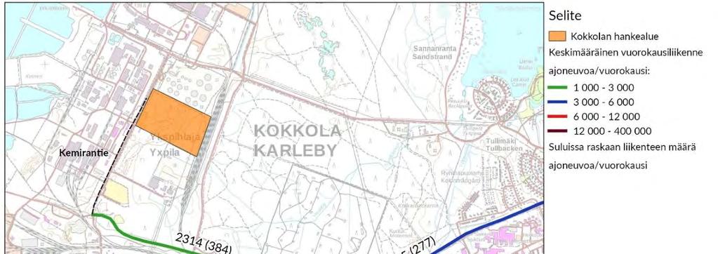 Kuva 34. Vuoden 2016 liikennemäärät hankealueen läheisyydessä. Taulukko 6.