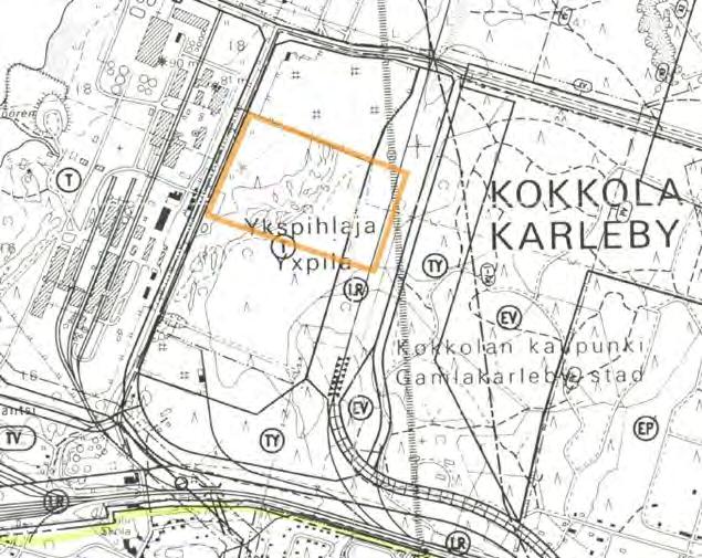 Kuva 38. Ote Kokkolan Suurteollisuusalueen osayleiskaavasta (hyväksytty 23.10.1995). Hankealue on merkitty kaavassa teollisuus- ja varastoalueeksi (T).