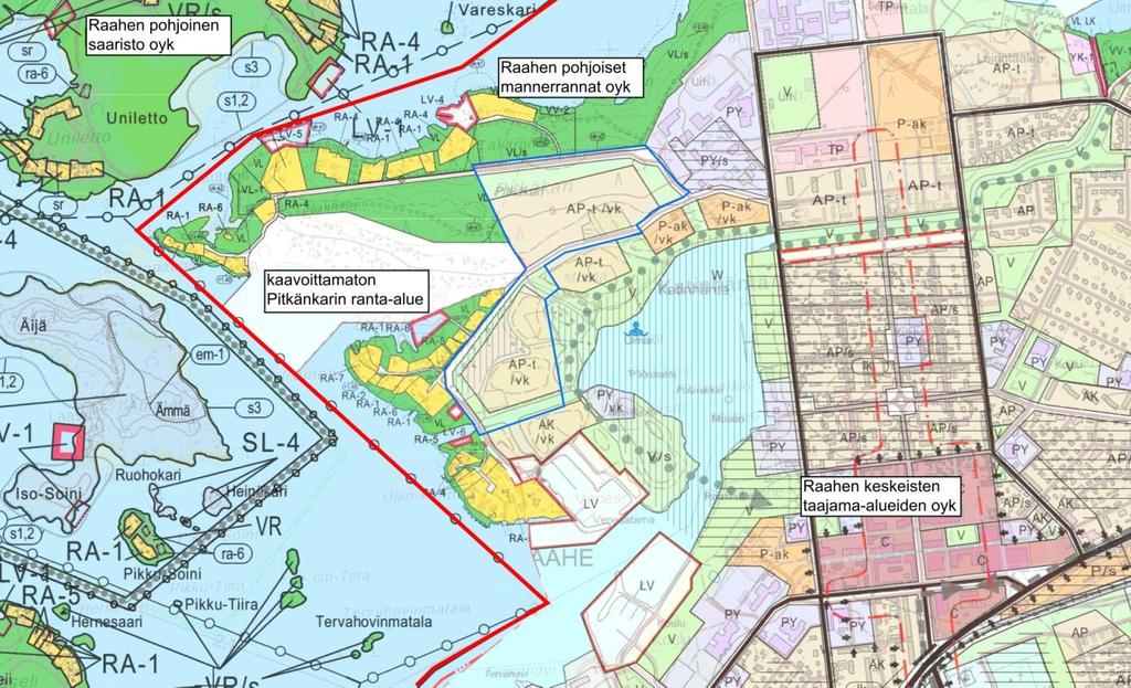 3.4 Yleiskaavatilanne Raahe 2030, keskeisten taajama-alueiden yleiskaava Suunnittelualueella on voimassa Raahe 2030, keskeisten taajama-alueiden yleiskaava, jonka Raahen kaupunginvaltuusto on