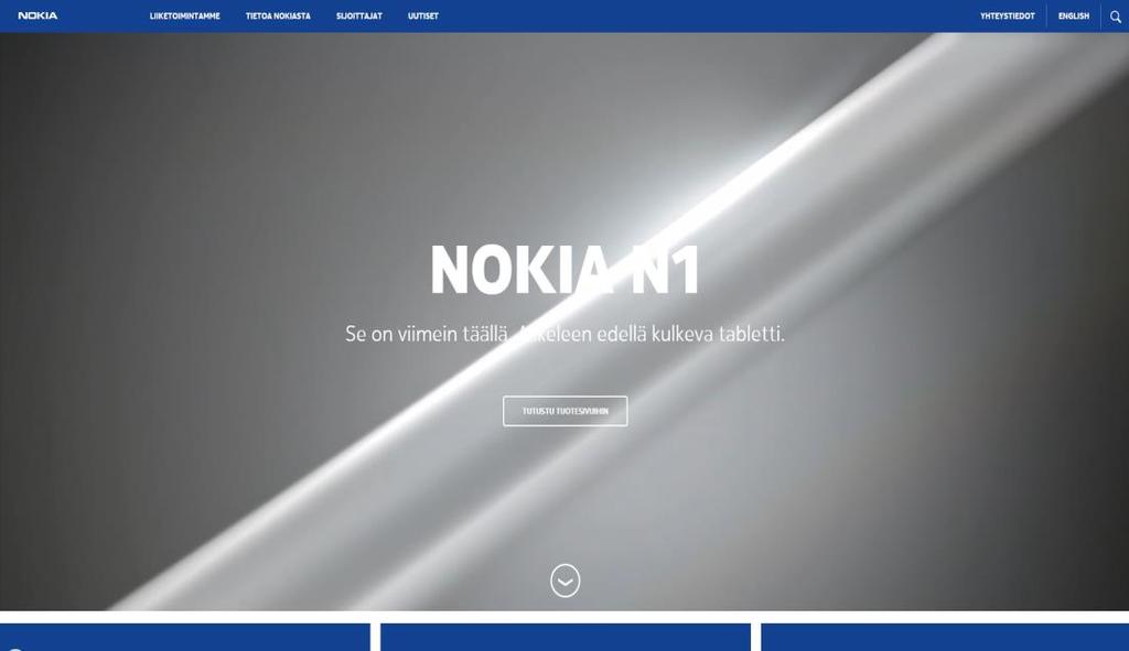 8 KUVIO 3. Nokian verkkosivun ulkoasu (Nokia 2015) Verkkosivujen ulkoasun suunnittelussa tulee muistaa, että eri selaimet näyttävät verkkosivun eri tavalla.