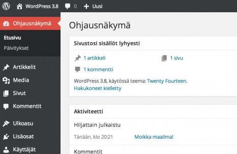 12 KUVIO 5. WordPress-julkaisujärjestelmän ohjausnäkymä (WordPress 2015a) Joomla! on toiminnoiltaan hyvin samankaltainen kuin WordPress mutta vaatii hieman enemmän teknistä osaamista kuin WordPress.