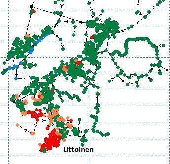 37 Verkoston paineet laskevat Littoisissa vuodon alettua (kuva 21). Paineet ovat Littoisissa alle 25 mpv:n siihen saakka, että putki suljetaan.