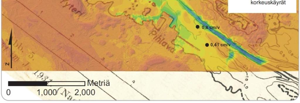 Tulokset laskettiin seuraavasti esimerkkipisteessä suistonsuulta Syvyys vuonna 1931 on -170 cm Syvyys vuonna 2010 on -90 cm