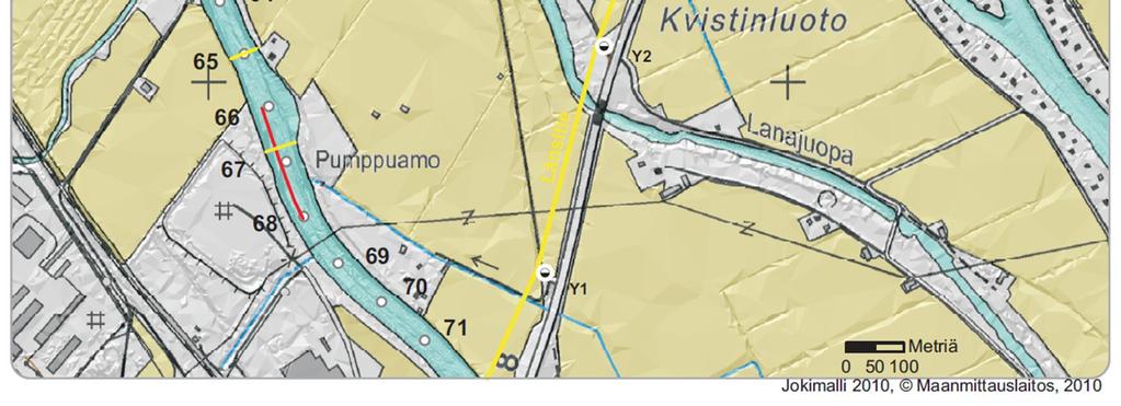 Huvilajuovan lopussa alavirralla pohjan taso on keskimäärin -4,2 ja uoman reunojen kaltevuudet ovat 14-21 eli noin 1:1,4 ja 1:2,6.