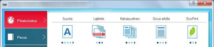 Tulostus Tulostinajurin tulostusasetukset-näyttö Tulostinajurin tulostusasetukset näyttö mahdollistaa erilaisten tulostusasetusten määrittelyn.