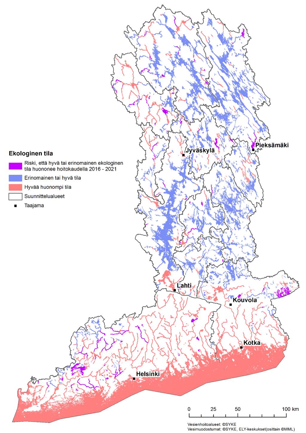 Ekologisen tilan luokittelun lisäksi on määritelty vesimuodostumat, joiden hyvä tai erinomainen tila on riskissä heiketä (Kuva 7.).
