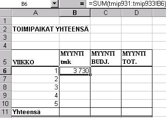 Excel 2010 Taulukkoryhmät 3 Summa-funktio Summa-funktiolla voidaan tehdä edellä oleva yhteenlasku. Summa-funktion etu on se, että jos työkirjaan lisätään tai poistetaan taulukoita jälkeenpäin 1.
