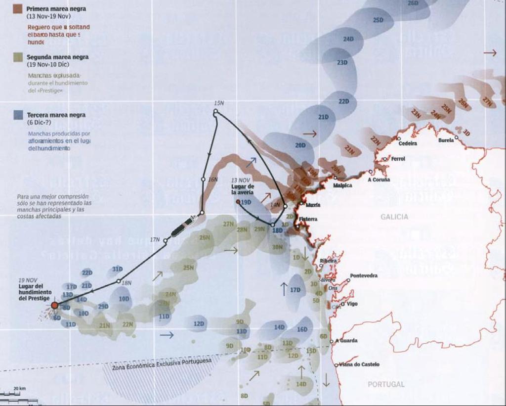 48 Raskasta polttoöljyä alkoi valua MV Prestigeltä mereen jo 13.11.2002 MV Prestigen vaurioituessa ensimmäisen kerran kovan merenkäynnin seurauksena (Bahamas Maritime Authority, 2004, s.17).