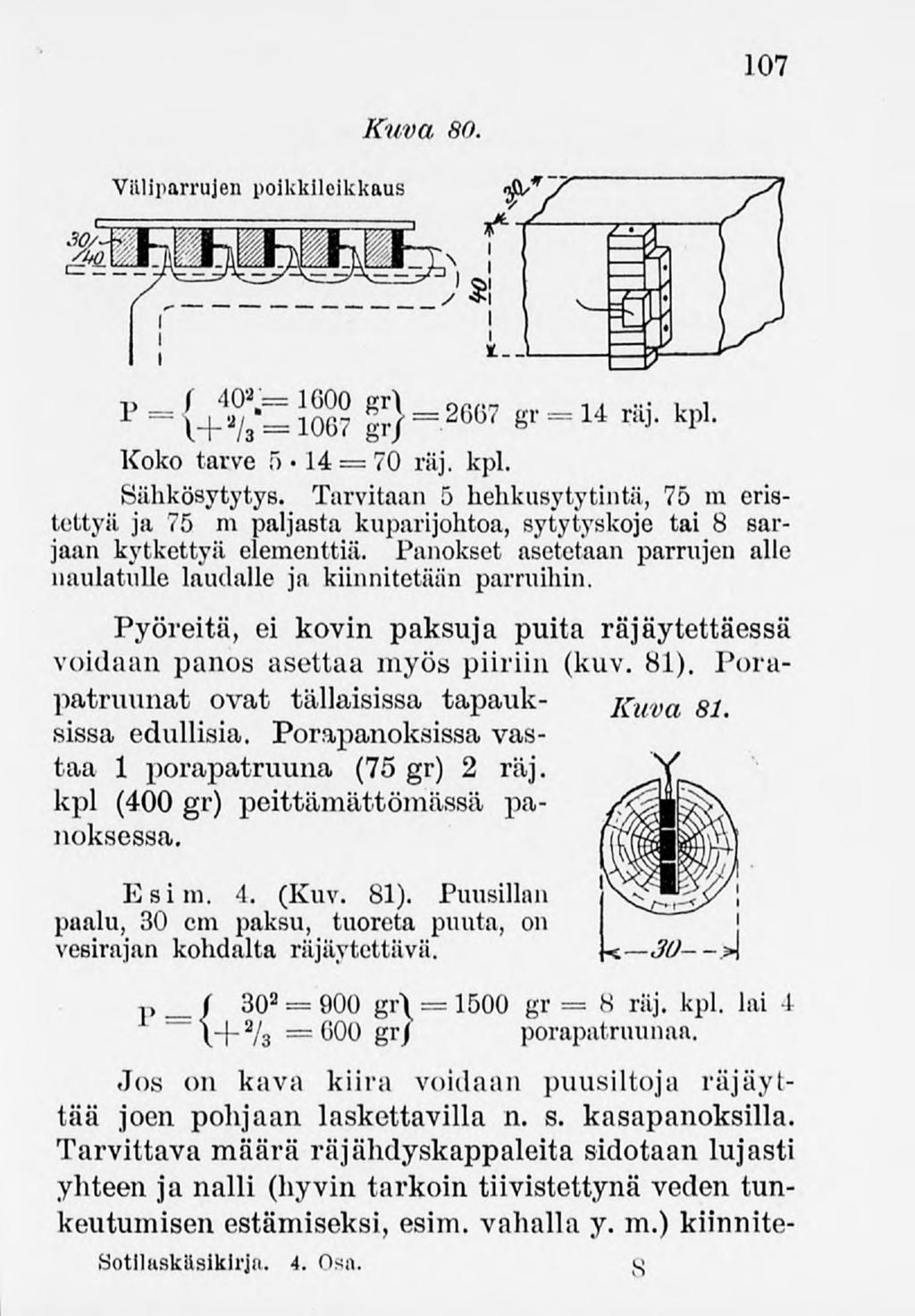 107 Kuva 80. Sähkösytytys. Tarvitaan 5 hehkusytytintä, 75 m eristettyä ja 75 m paljasta kuparijohtoa, sytytyskoje tai 8 sarjaan kytkettyä elementtiä.