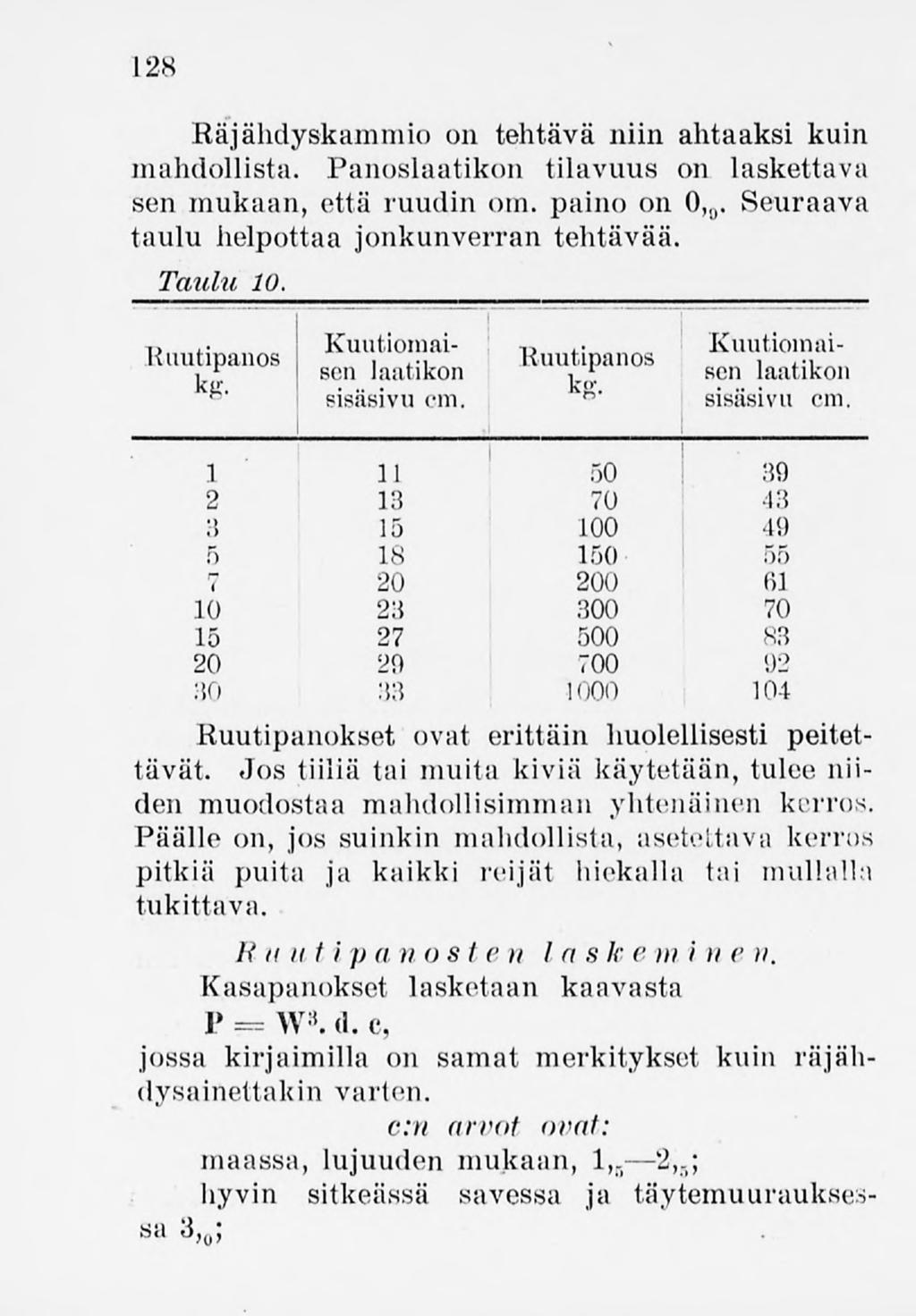 128 Räjähdyskammio on tehtävä niin ahtaaksi kuin mahdollista. Panoslaatikon tilavuus on laskettava sen mukaan, että ruudin om. paino on 0, 0. Seuraava taulu helpottaa jonkunverran tehtävää. Taulu 10.