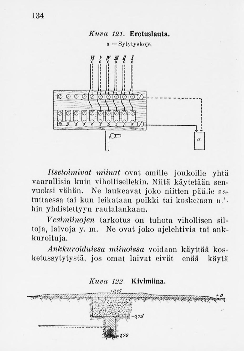 134 Kuva 121. Erctuslauta. a = Sytytyskone n v if m ni xxx x x x Itsetoimivat miinat ovat omille joukoille yhtä vaarallisia kuin vihollisellekin. Niitä käytetään senvuoksi vähän.