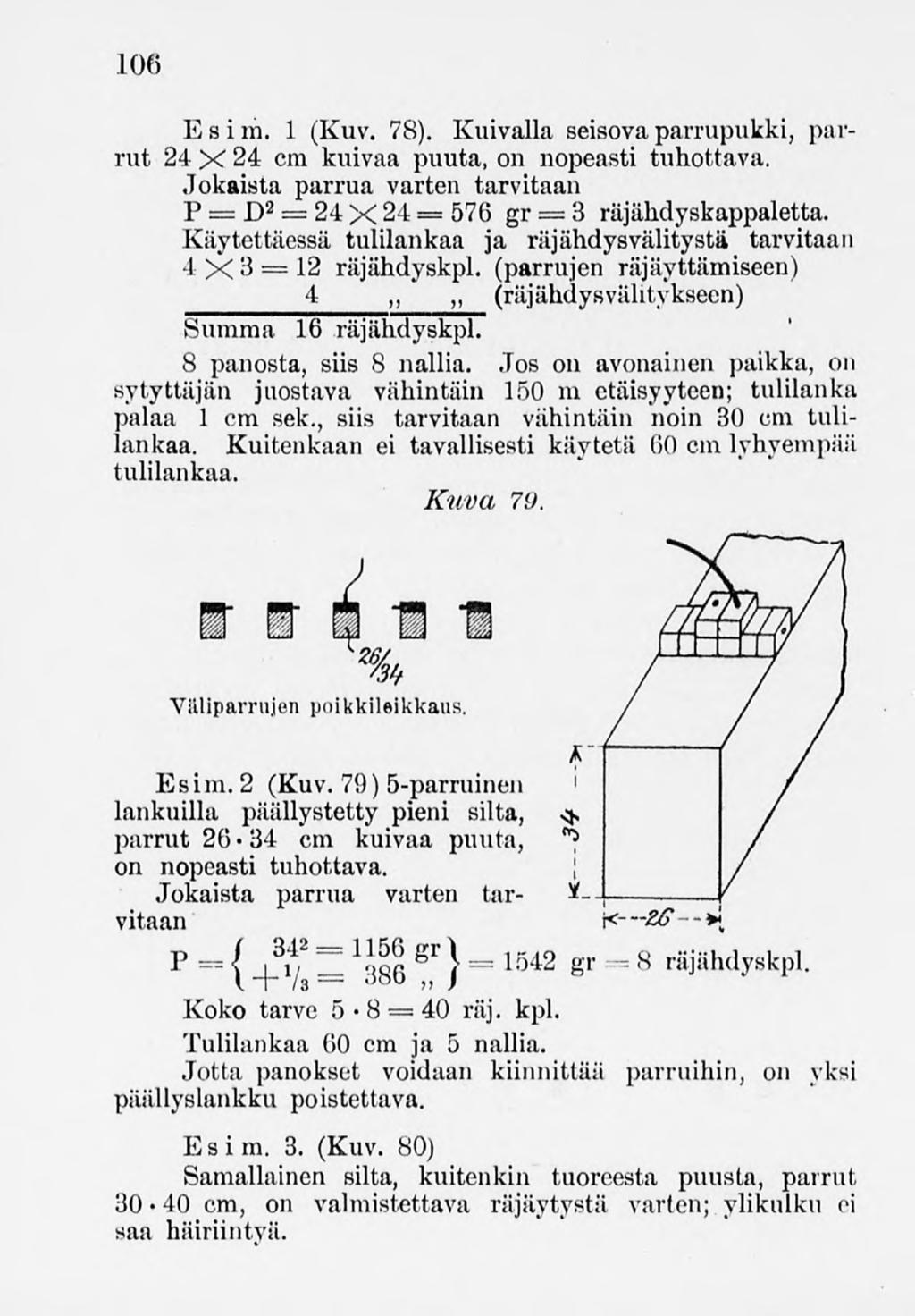 106 Esi m. 1 (Kuv. 78). Kuivalla seisovapamipukki, parrut 24 X 24 cm kuivaa puuta,on nopeasti tuhottava. Jokaista parrua varten tarvitaan P = D2=24X24 = 576 gr = 3 räjähdyskappaletta.