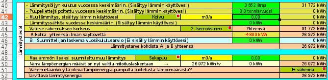 Anna riveille 40 45 tiedot kohteen aikaisemmasta lämmitystarpeesta. Solun E42 alasvetovalikosta voit valita lisää mahdollisesti käyttämiäsi polttoaineita.