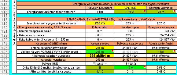 Ruutuun E125 ohjelma ilmoittaa tarvittavan kaivon syvyyden. Ruutuun E126 valitaan maksimi poraussyvyys, johon asti olisi mahdollista porata.