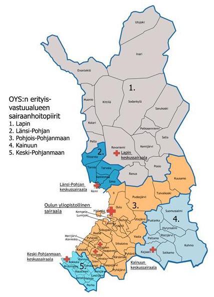 KUVIO 3. OYS:n erityisvastuualue sairaanhoitopiireittäin (Pohjois-Pohjanmaan sairaanhoitopiiri 2016, viitattu 7.10.2016). 5.