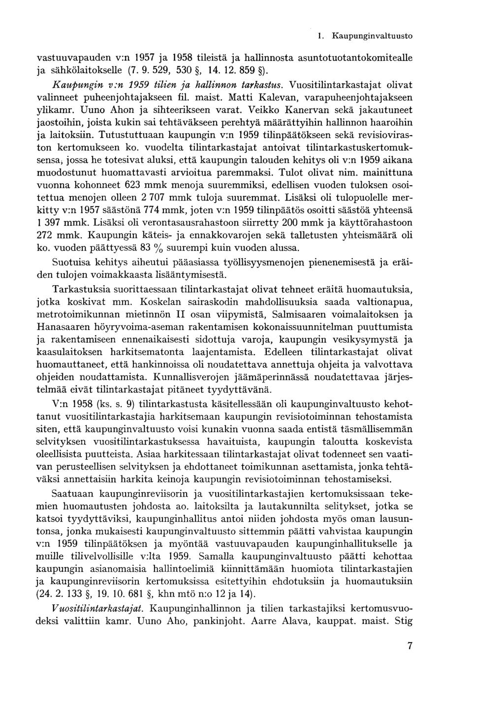 vastuuvapauden v:n 1957 ja 1958 tileistä ja hallinnosta asuntotuotantokomitealle ja sähkölaitokselle (7. 9. 529, 530, 14. 12. 859 ). Kaupungin v:n 1959 tilien ja hallinnon tarkastus.