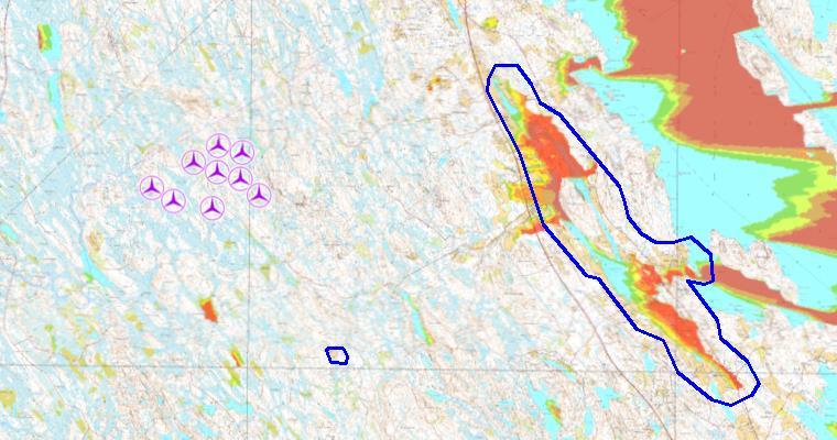 FCG SUUNNITTELU JA TEKNIIKKA OY Kaavaselostus 55 (83) Vuokon maisema-alue Kuva 32 Näkemäanalyysi ja Äyhkyrin talonpoikaistila sekä Vuokon maisema-alue. Tila merkitty karttaan punaisella nuolella.