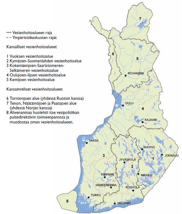 Kuva 1. Vesienhoitoaluejako. Lähde: Kokemäenjoen Saaristomeren Selkämeren vesienhoitoalueen vesienhoitosuunnitelma vuoteen 2015. 3.4.