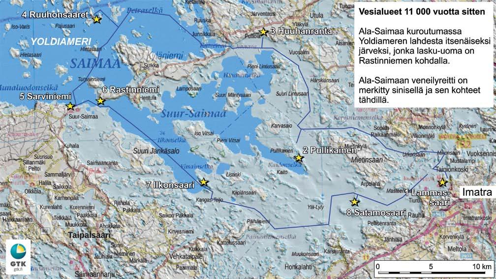 Vesialueet 11 000 vuotta sitten Eteläinen Saimaa kuroutumassa Yoldianmeren lahdesta itsenäiseksi järveksi, jonka lasku-uoma on Rastinniemen kohdalla.