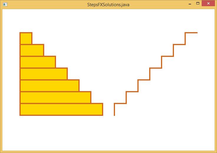 HARJOITUKSIA OHJELMALLA StepsFX.java StepsFX.java on ohjelma joka näyttää ikkunassa kahdella tavalla rakennetut graafiset portaat. Portaita on tehty sekä Rectangle- että Line-olioita käyttäen.