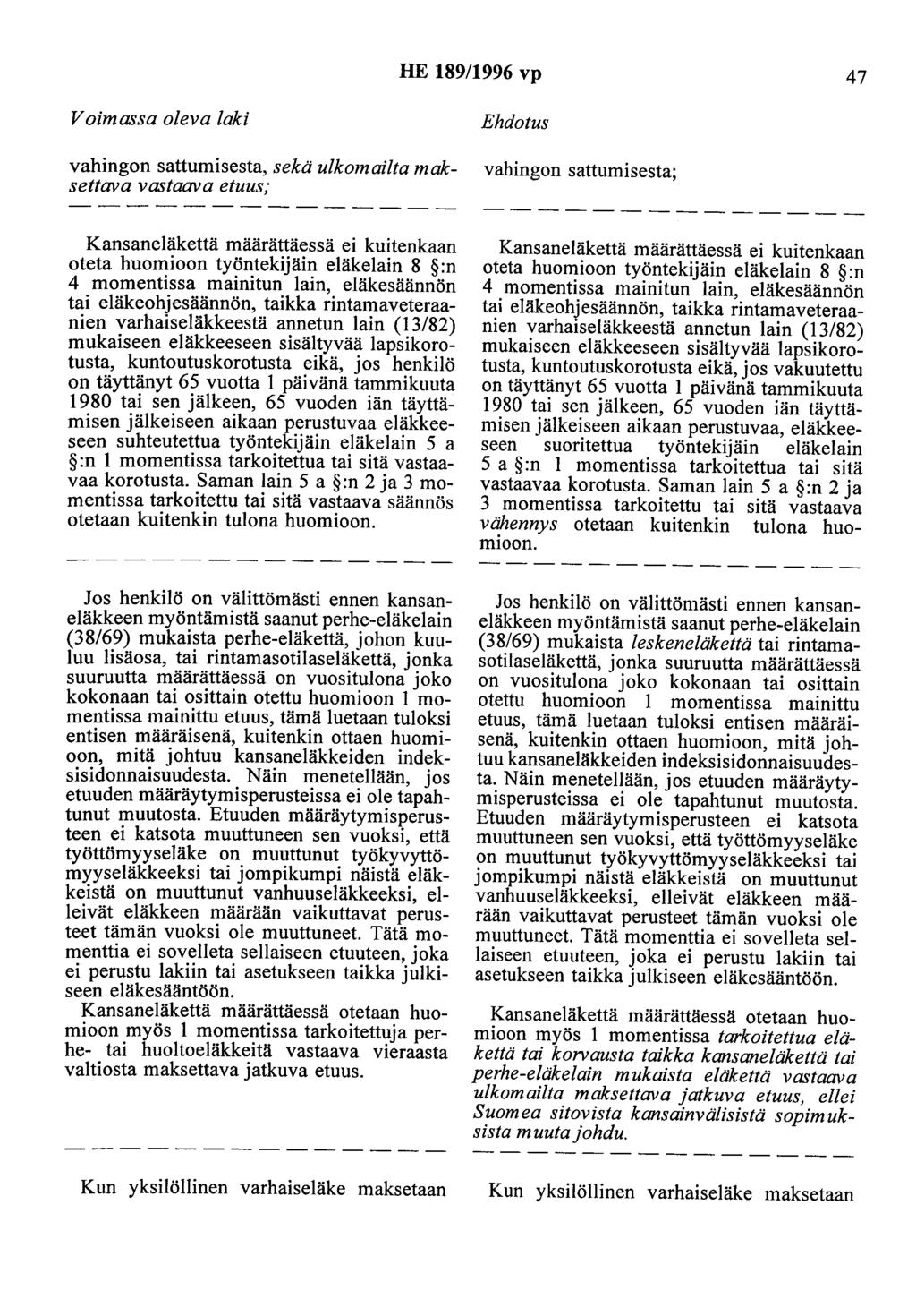 HE 189/1996 vp 47 vahingon sattumisesta, sekä ulkomailta maksettava vastaava etuus; vahingon sattumisesta; Kansaneläkettä määrättäessä ei kuitenkaan oteta huomioon työntekijäin eläkelain 8 :n 4