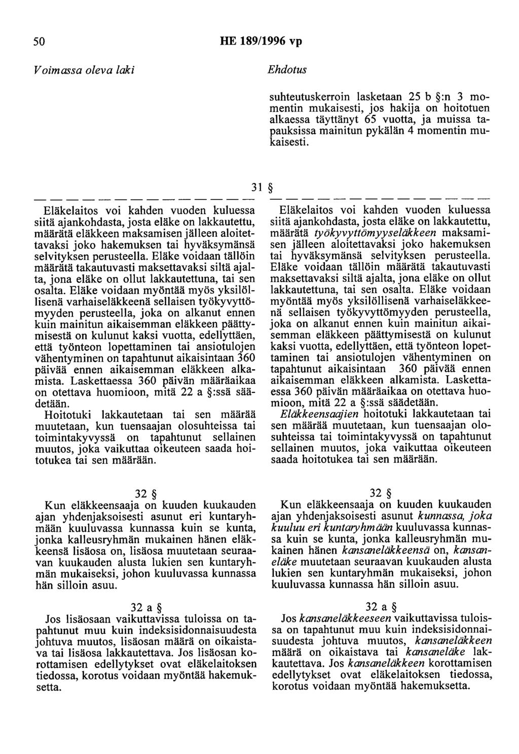 50 HE 189/1996 vp suhteutuskerroin lasketaan 25 b :n 3 momentin mukaisesti, jos hakija on hoitotuen alkaessa täyttänyt 65 vuotta, ja muissa tapauksissa mainitun pykälän 4 momentin mukaisesti.
