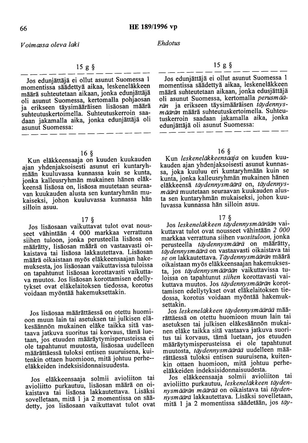 66 HE 189/1996 vp 15 g Jos edunjättäjä ei ollut asunut Suomessa 1 momentissa säädettyä aikaa, leskeneläkkeen määrä suhteutetaan aikaan, jonka edunjättäjä oli asunut Suomessa, kertomalla pohjaosan ja