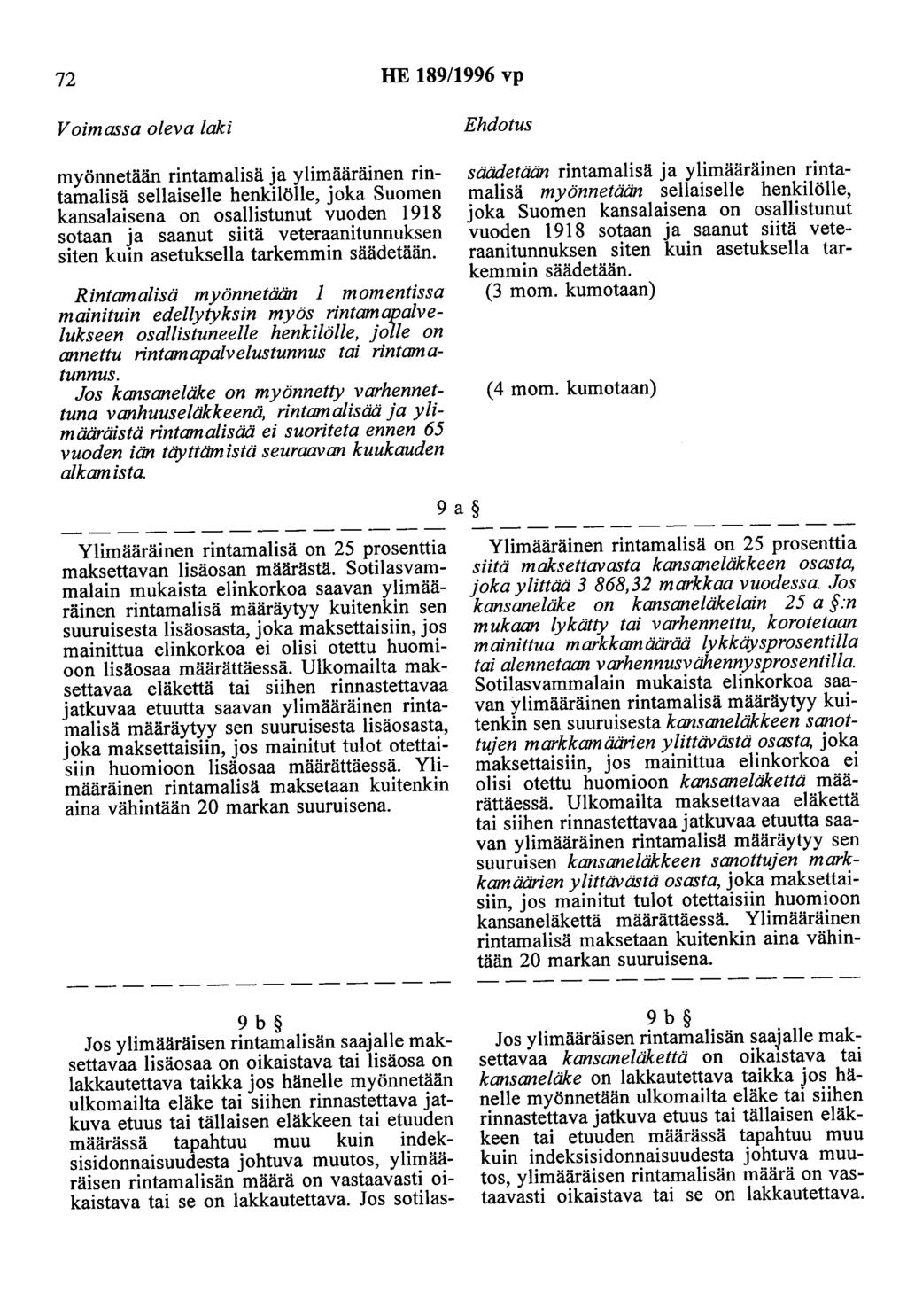 72 HE 189/1996 vp myönnetään rintamalisä ja ylimääräinen rintamalisä sellaiselle henkilölle, joka Suomen kansalaisena on osallistunut vuoden 1918 sotaan ja saanut siitä veteraanitunnuksen siten kuin