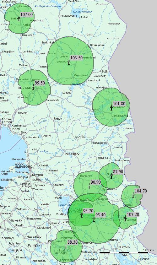 9 Iisalmi 88.3 Kajaani 95.7 Kittilä 107.0 Kuhmo 104.7 Kuhmo 103.