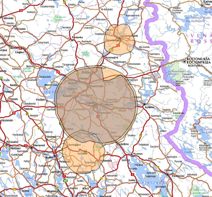 OPTIMOINTEJA RAJOITUSTEN PIENENTÄMISEKSI (5/6) Esim. 5 Nykytilanne: a) Radio Rock Sotkamo 107,0 MHz rajoitus 180-210/7dB vs.