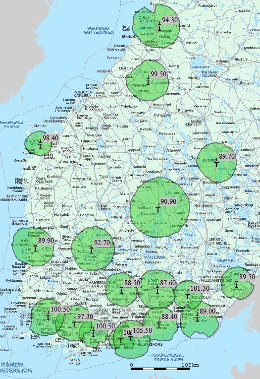 Taajuuskokonaisuus 12 (nyk. Nostalgia) Kunta Taajuus Espoo 100.0 Haapavesi 99.5 Helsinki 105.5 Janakkala 88.5 Jyväskylä 90.9 Kotka 89.0 Kouvola 101.