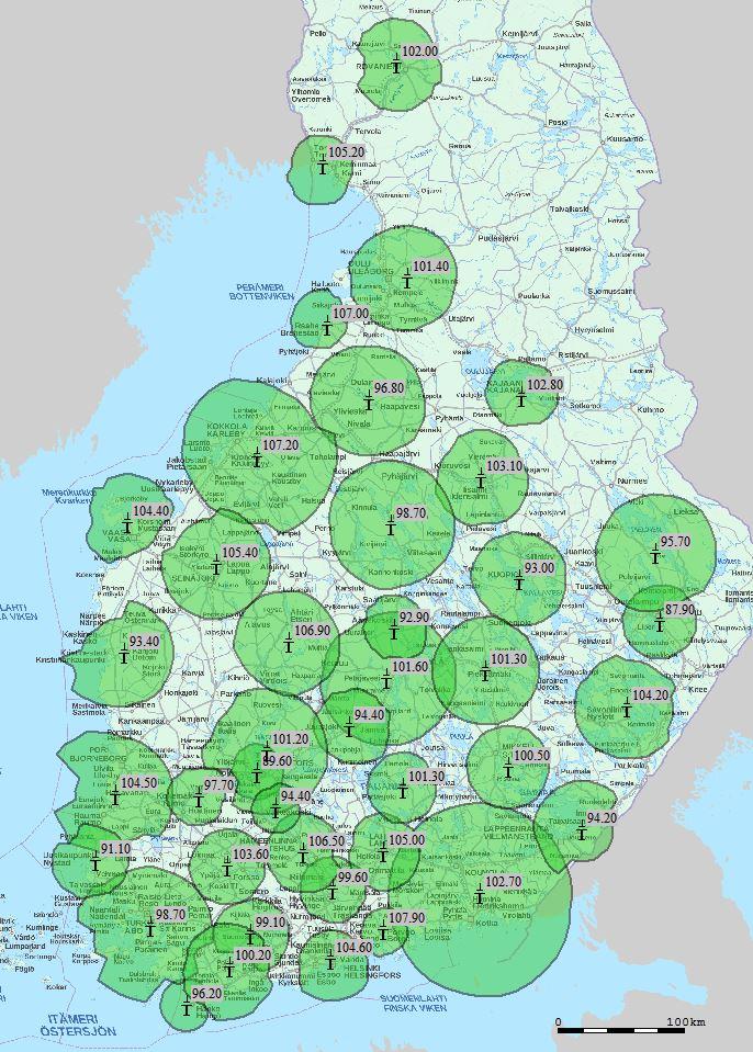 Taajuuskokonaisuus 2 (nyk. KISS) Kunta Taajuus Kunta Taajuus Eurajoki 104.5 Mikkeli 100.5 Haapavesi 96.8 Mustasaari 104.4 Hanko 96.2 Oulu 101.4 Hausjärvi 99.6 Pieksämäki 101.3 Helsinki 104.