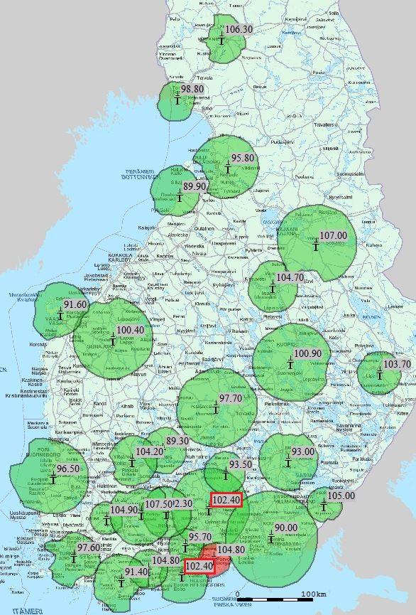 Taajuuskokonaisuus 4 (nyk. Radio Rock) Kunta Taajuus Kunta Taajuus Eurajoki 96.5 Mikkeli 93 Helsinki 102.4 94.9 Mustasaari 91.6 Hollola 102.4 89.7 Orivesi 89.3 Hyvinkää 95.7 Oulu 95.8 Hämeenlinna 92.