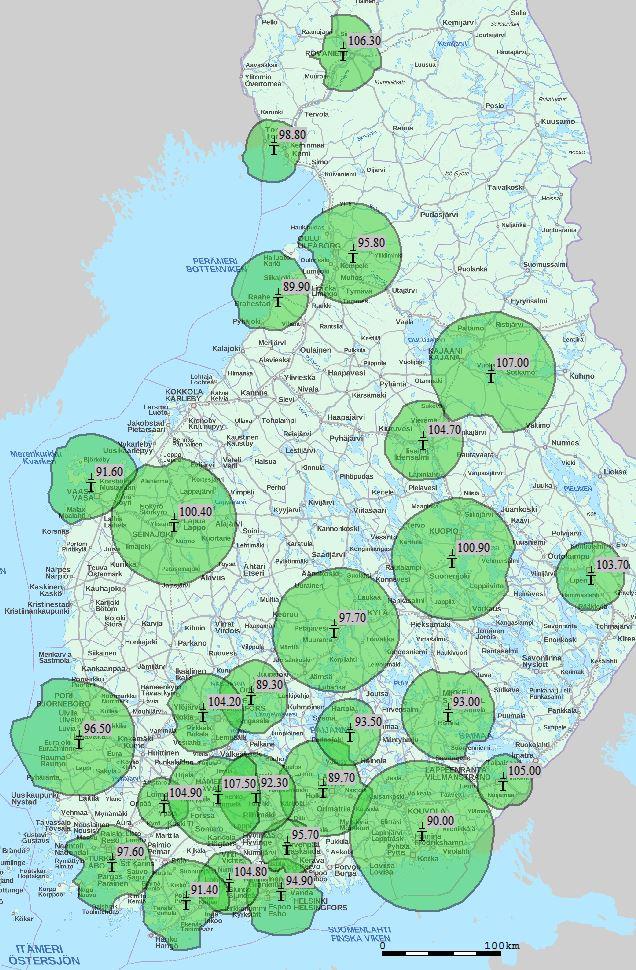 Taajuuskokonaisuus 4 (nyk. Radio Rock) Kunta Taajuus Kunta Taajuus Eurajoki 96.5 Mikkeli 93 Helsinki 94.9 Mustasaari 91.6 Hollola 89.7 Orivesi 89.3 Hyvinkää 95.7 Oulu 95.8 Hämeenlinna 92.3 Raahe 89.