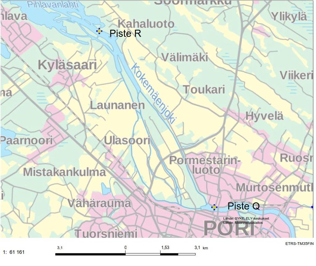 33 Kuva 6-10 Pohjaeläinten havaintopaikat Kokemäenjoessa Harjunpäänjoen alapuolella.