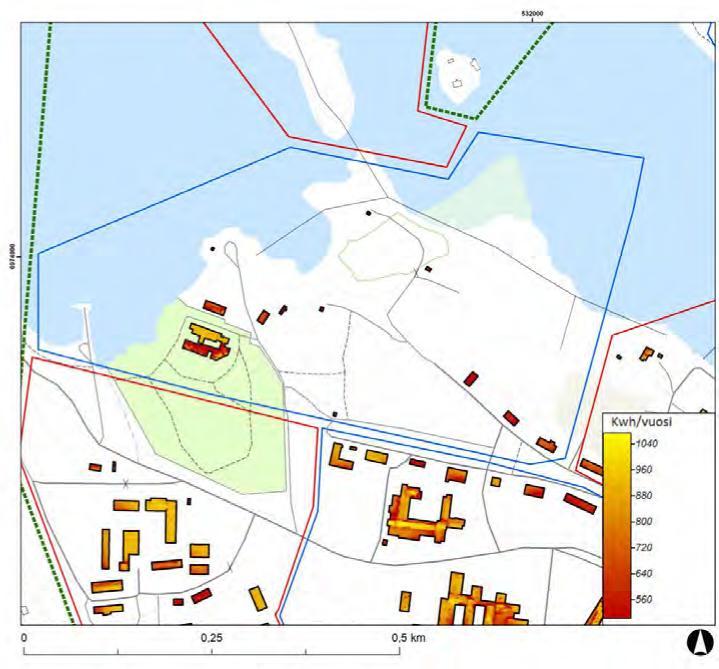 35 Kuva 5-2 Auringon kokonaissäteilyenergia (kwh/m 2 /vuosi) Marikon rannan alueelle vuoden 2011 rakennuskannan
