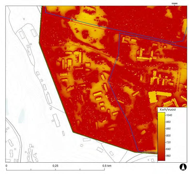 Harjakattoisina uuden asuinrakennuskannan (rivitalot/kaupunkipientalot/ asuinrakennukset) aurinkoenergiapotentiaali olisi täten noin 1280 MWh aurinkosähköntuotantoa tai 4 000 MWh