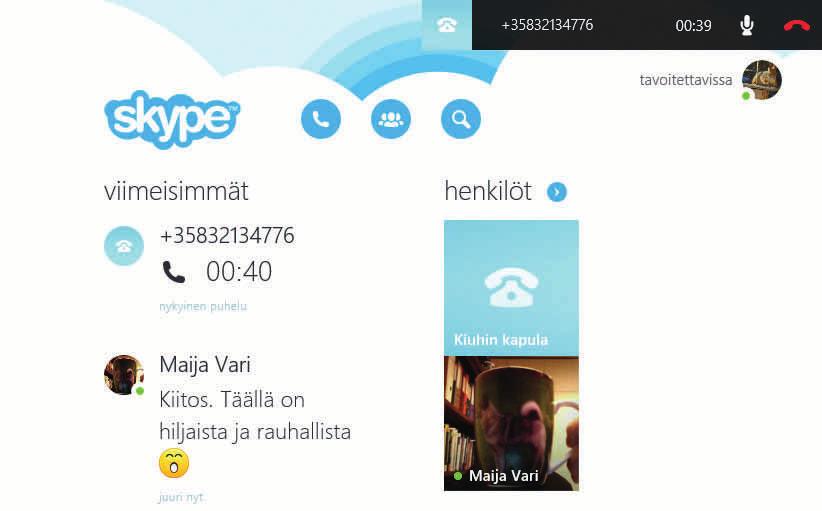Yläkulman kolmella kuvakkeella voi soittaa, valita yhteyshenkilön tai etsiä hakutoiminnolla lisää tuttavia yhteyshenkilöiksi. Muuten ikkunassa kerrotaan vain, kenen kanssa puhutaan tai on puhuttu.