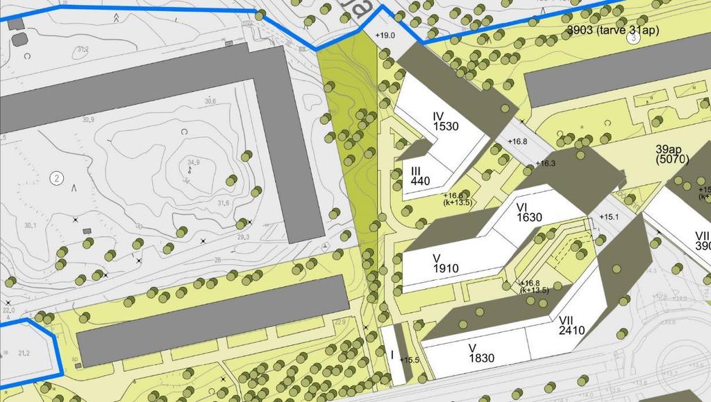 Asemapiirustus Alueleikkaus korttelista pohjois-etelä suunnassa lännestä