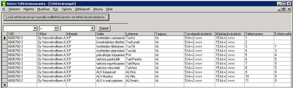 20/67 Asteri Tehtäväseuranta käyttöohje Paina OK, jolloin tehtävärunkoihin lisääntyy ko. yrityksen ko. tehtävärunko. Nyt voit muokata tätä runkoa juuri tälle yritykselle vielä sopivammaksi.