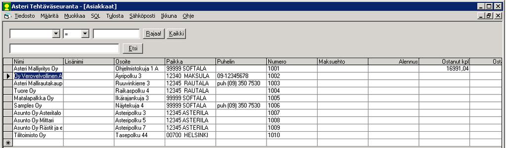 28/67 Asteri Tehtäväseuranta käyttöohje 8.1 ASIAKASKORTISTO Asiakkaat-ikkunassa näet asiakaskortistosi. Se on sama tiedosto kuin Asteri Laskutuksessa käyttämäsi asiakaskortisto.