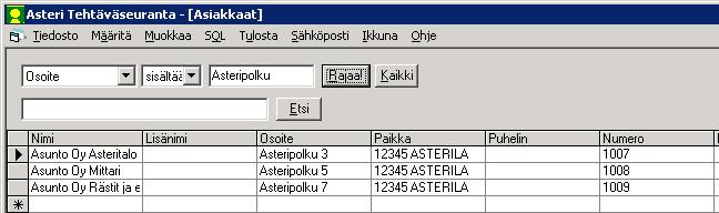 30/67 Asteri Tehtäväseuranta käyttöohje Yksi rajaamismahdollisuus on suoraan Asiakkaat-ikkunassa. Esim.