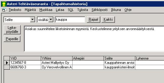 Tapahtumahistoria- ja Asiakkaan tapahtumahistoria -ikkunoissa on seliteteksti isossa tekstikentässä, jossa sitä pääsee