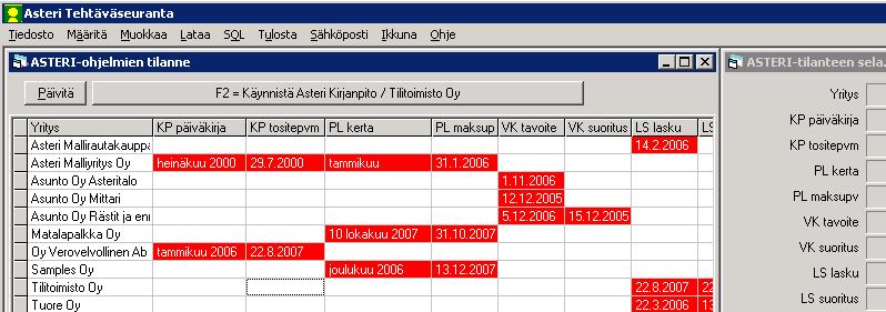 Asteri Tehtäväseuranta käyttöohje 45/67 Lisätietoa: Asteri Tehtäväseuranta -ohjelma on ensikäynnistyksen yhteydessä etsinyt eri asiakkaittesi Asteri-aineistot.