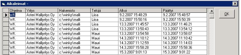 5 Aikaleimat nähtävillä ja salasanan takana Asteri-ohjelmissa käytetyn ajan aikaleimat saat näkyville seuraavasti: Mene Asiakkaiden kansiot -ikkunassa asiakkaan riville ja sen ohjelman