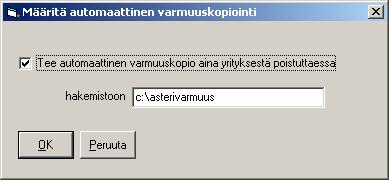 c:\asterivarmuus\17\wints-kansioon. Mikäli joudut palauttamaan varmuuskopion, löydät aina kuukauden ensimmäisen käyttökerran kuukauden kansiosta.