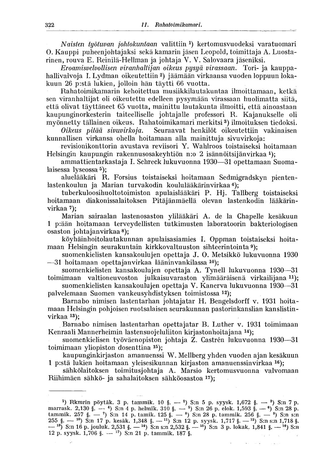 322 11. Rahato im ikamar i. Naisten työtuvan johtokuntaan valittiin kertomusvuodeksi varatuomari O. Kauppi puheenjohtajaksi sekä kamarin jäsen Leopold, toimittaja A. Luostarinen, rouva E.